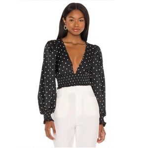 For Love & Lemons | Black Pink Polkadot "Carissa" Satin Volume Sleeve Crop Top M